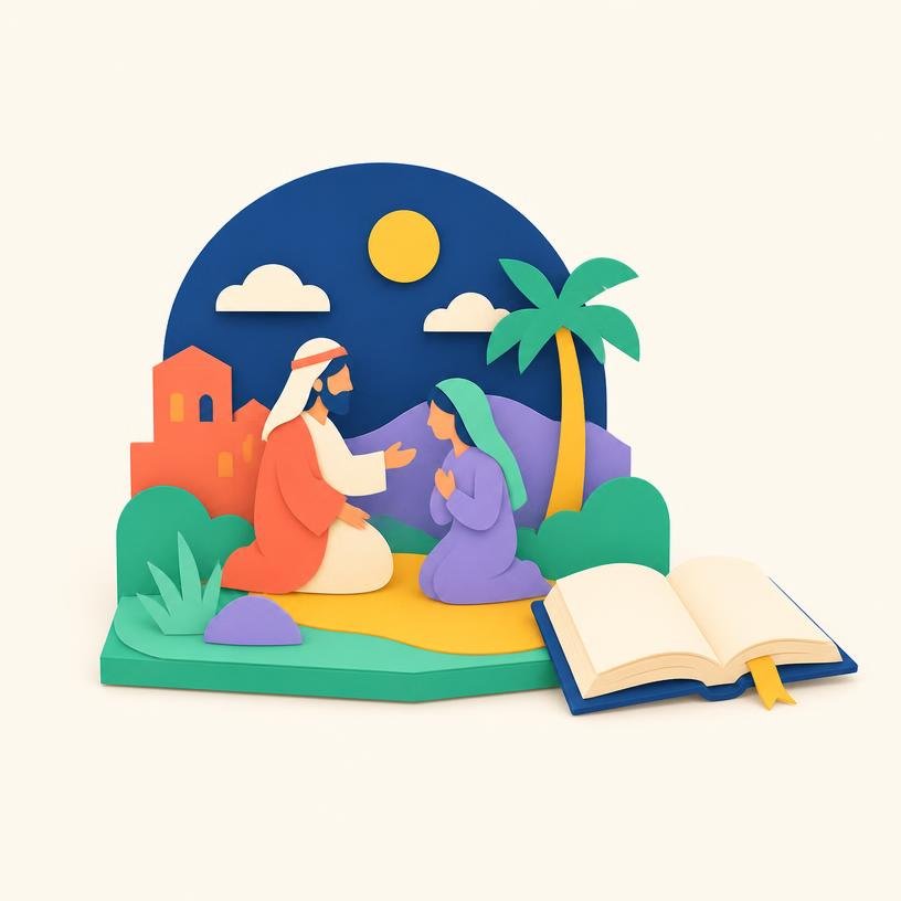 Cenário bíblico montado ao lado de um livro aberto