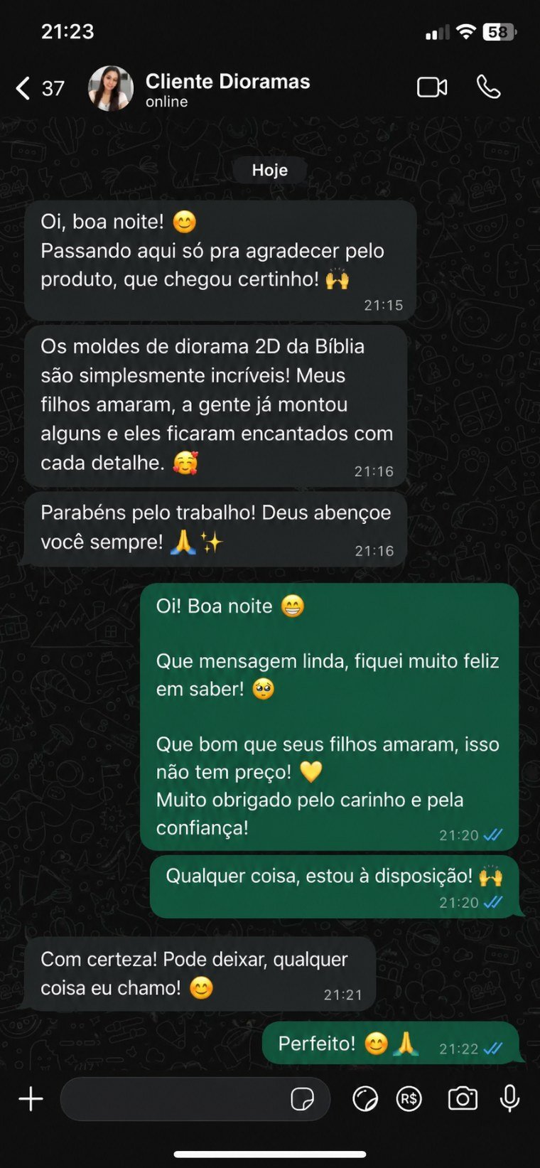 Mensagem de cliente sobre os cenários bíblicos