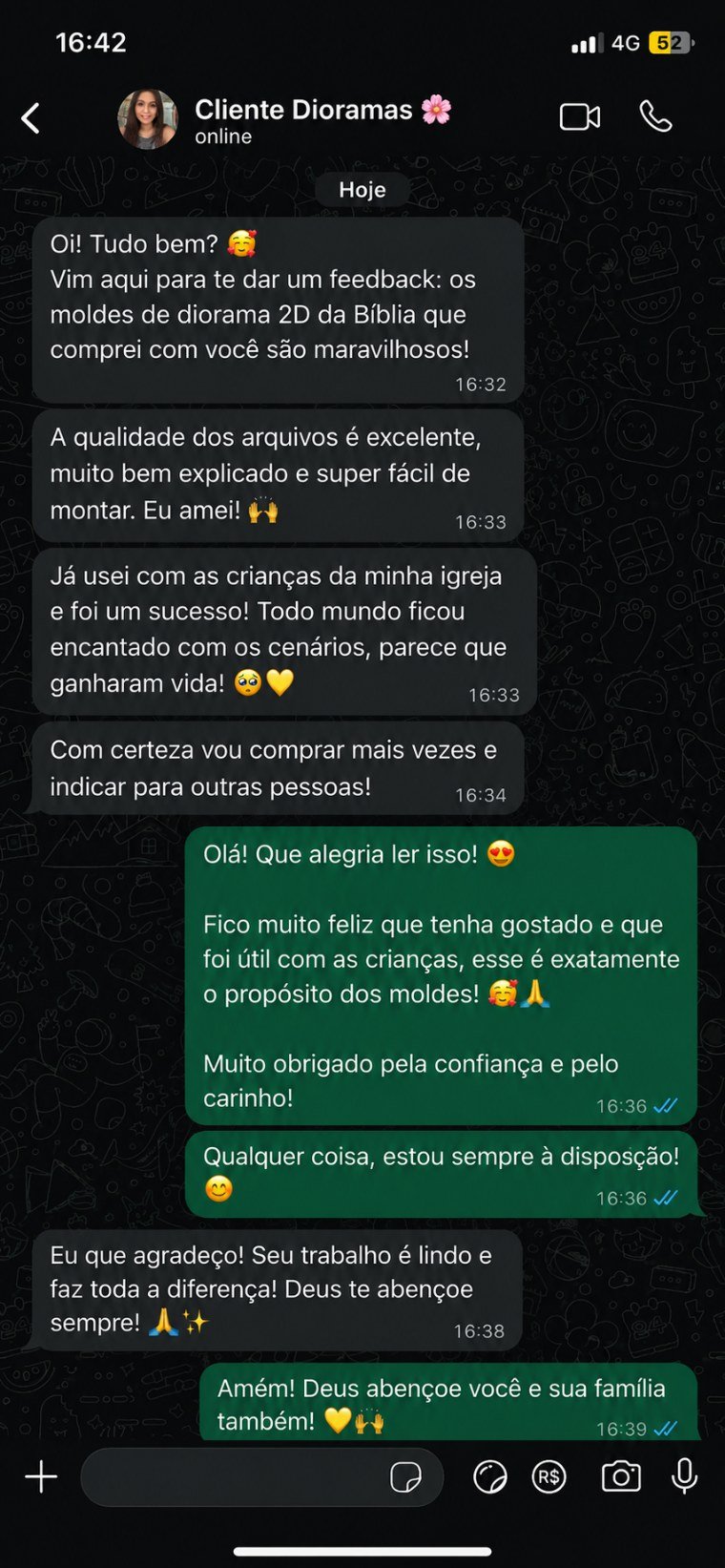 Mensagem de cliente sobre os cenários bíblicos