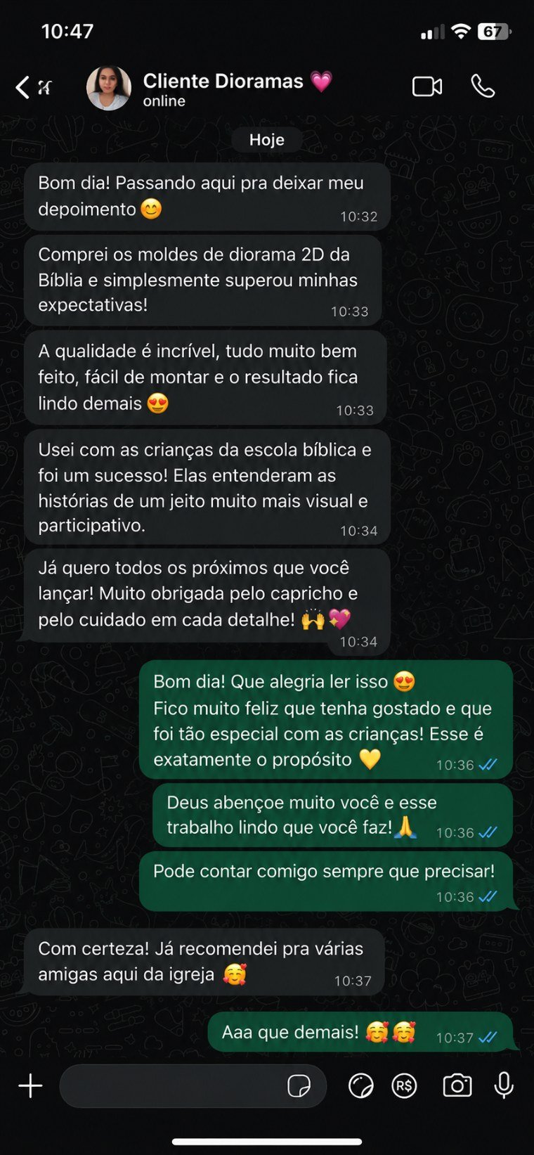 Mensagem de cliente sobre os cenários bíblicos