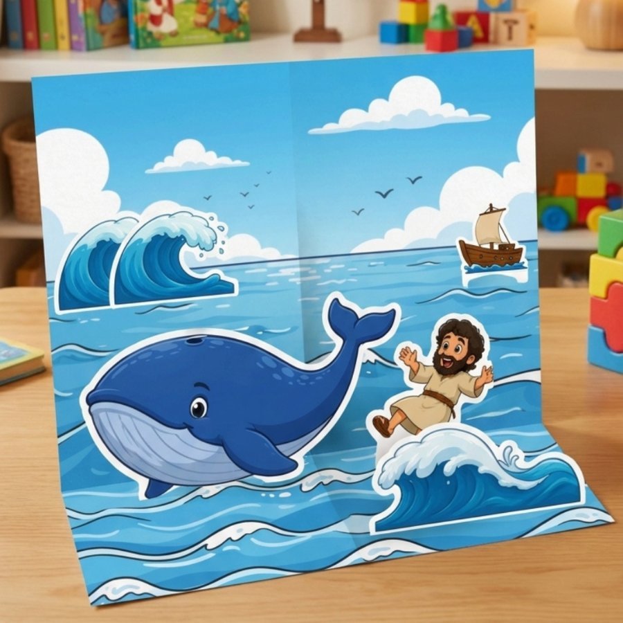 Cenário de Jonas e o grande peixe montado em papel sobre a mesa