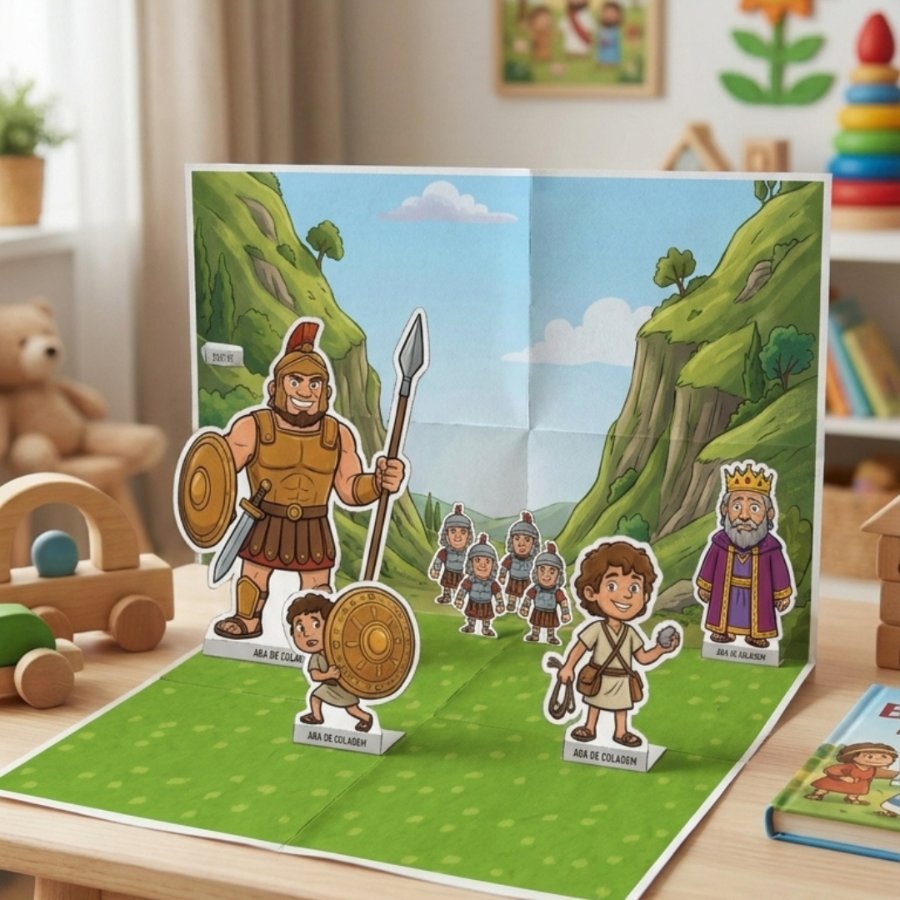 Cenário de Davi e Golias montado em papel sobre a mesa